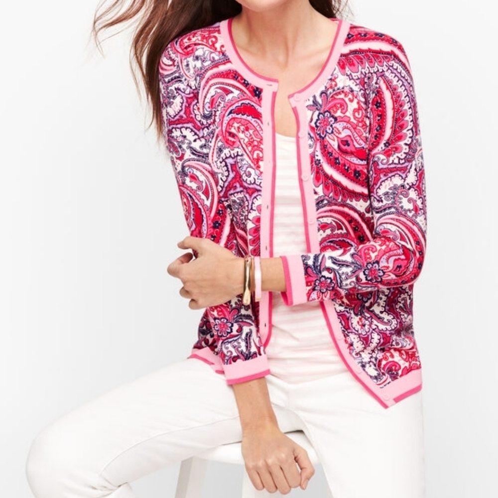 Talbots Charming Paisley Print Button Down Cardigan Pink Blue sz LP Chic Preppy